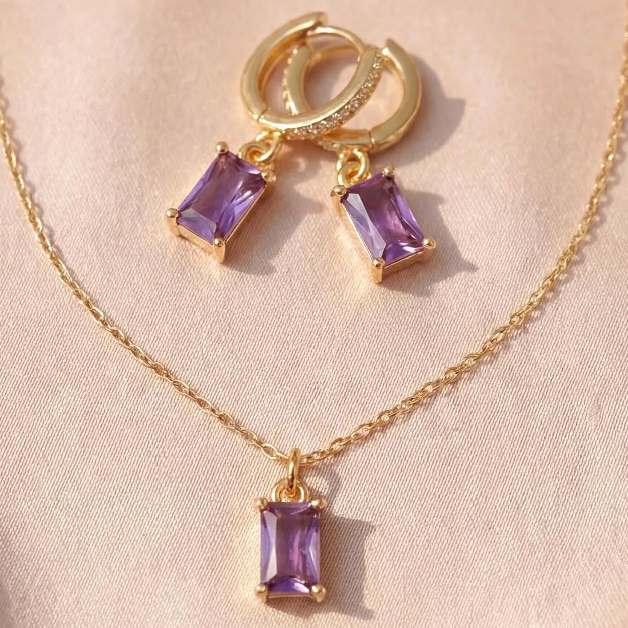 Amethyst Jewellery Set | Purple Baguette Necklace & Earrings | 18K Gold Plated Crystal Pendant | Minimalist Gold Jewellery | Matching Gift
