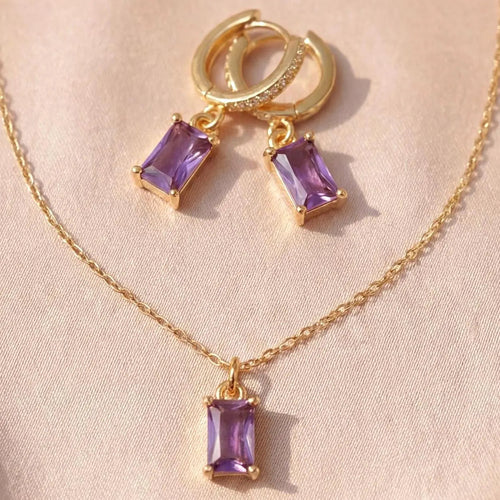 Amethyst Jewellery Set | Purple Baguette Necklace & Earrings | 18K Gold Plated Crystal Pendant | Minimalist Gold Jewellery | Matching Gift