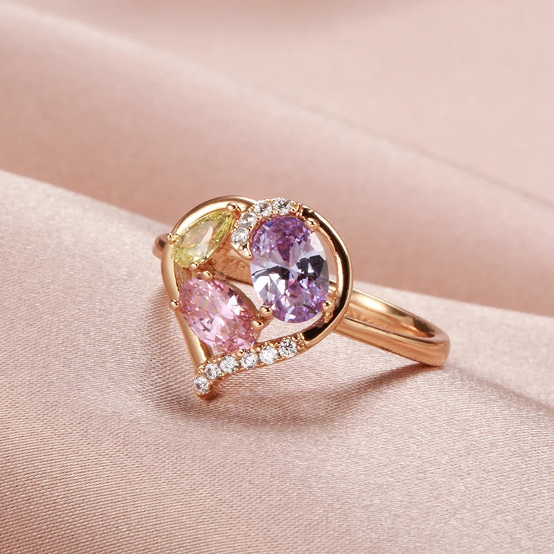 2022 Daily Golden Jewelry Hollow Love Translucent Colored Zircon Rings 585 Gold Embellish White CZ Rings Lady Versatile Jewelry