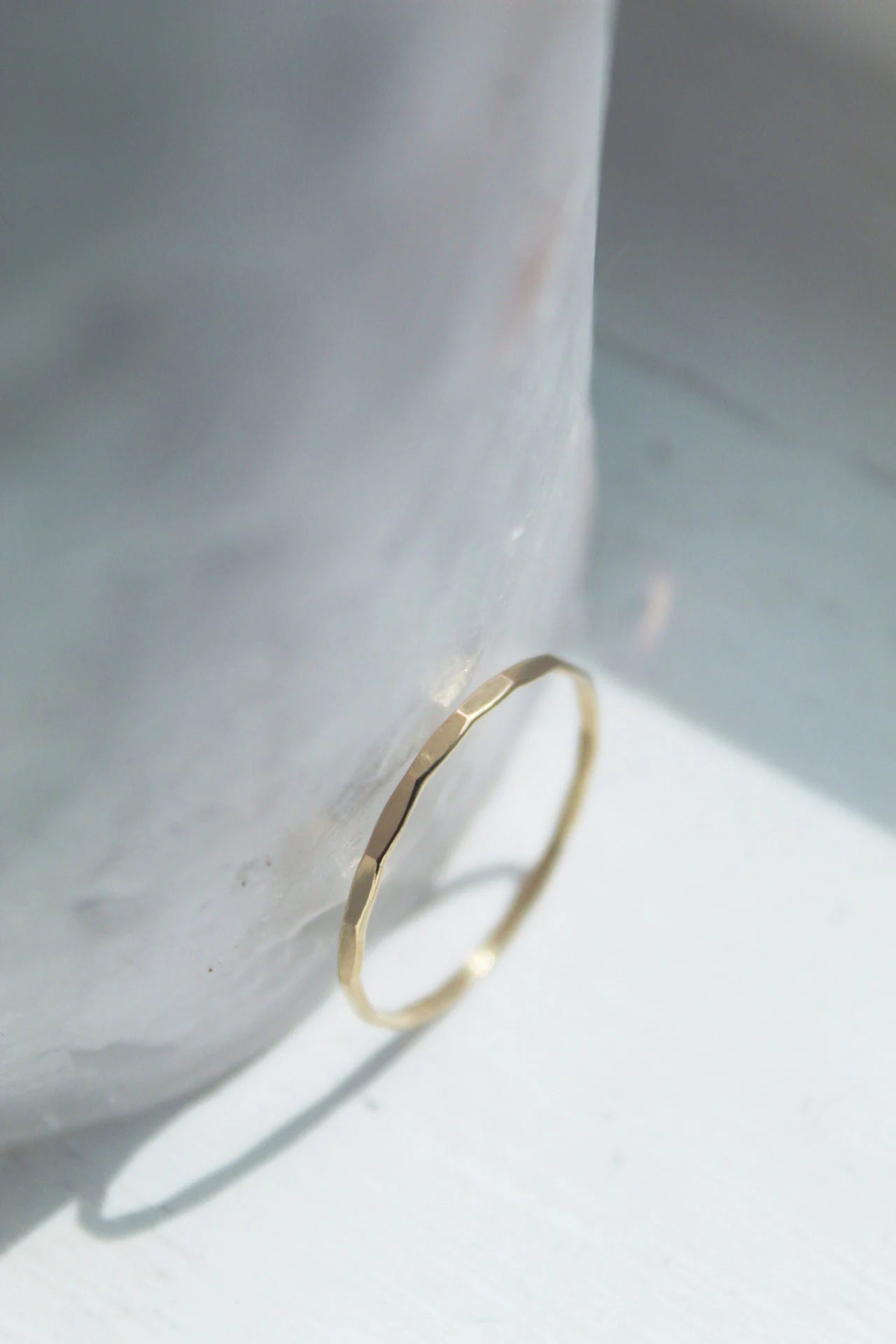 Gold Stacking Ring – Thin Dainty Hammered Band in 14K Gold