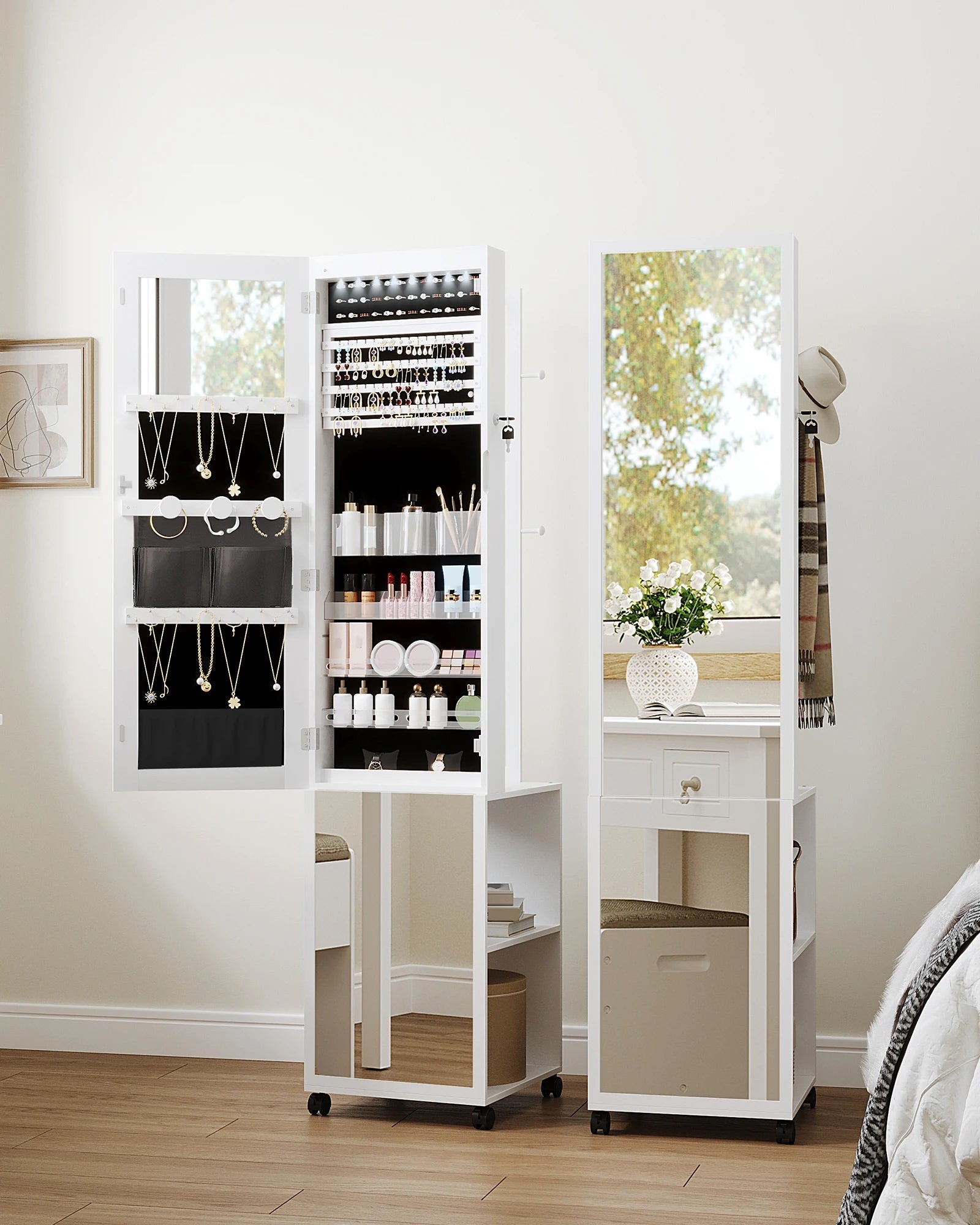 Jewellery Cabinet, Mirror Cabinet, Standing Jewellery Organiser with 1 Clothes Rack, 3-Tier Shelves with 4 Coat Hooks
