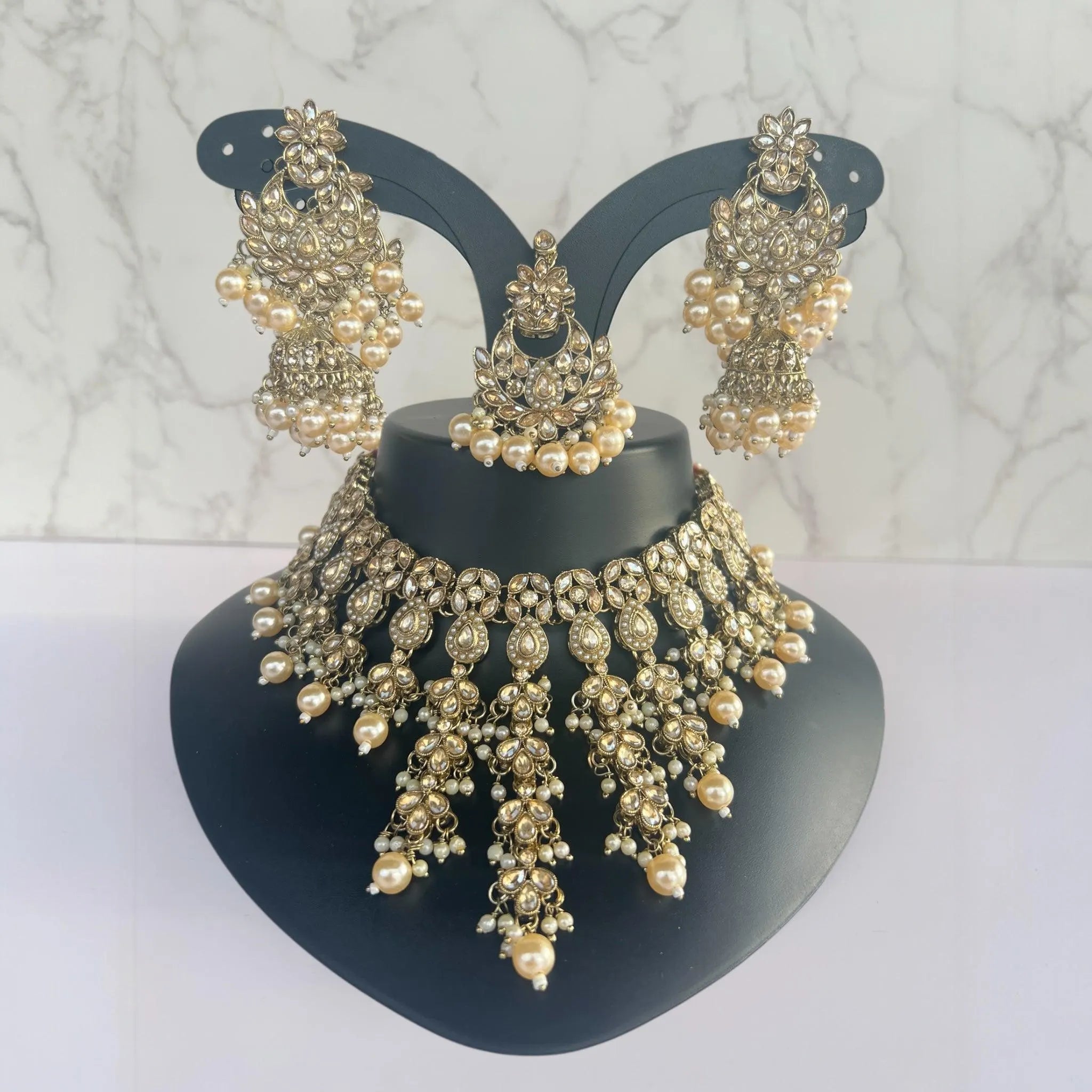 Gold Asian Jhumka Tikka Necklace Set | Desi Indian Gold Wedding Jewellery Set | Traditional Bridal Jewellery