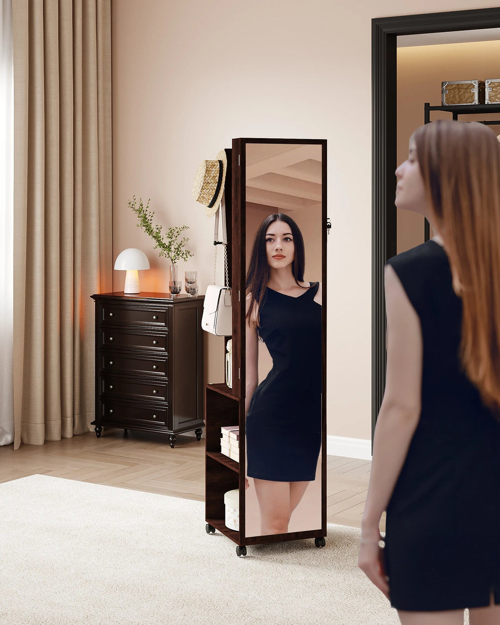 Jewellery Cabinet, Mirror Cabinet, Standing Jewellery Organiser with 1 Clothes Rack, 3-Tier Shelves with 4 Coat Hooks