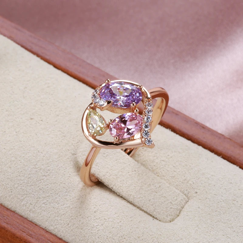 2022 Daily Golden Jewelry Hollow Love Translucent Colored Zircon Rings 585 Gold Embellish White CZ Rings Lady Versatile Jewelry