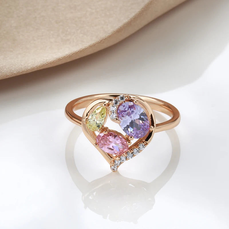 2022 Daily Golden Jewelry Hollow Love Translucent Colored Zircon Rings 585 Gold Embellish White CZ Rings Lady Versatile Jewelry