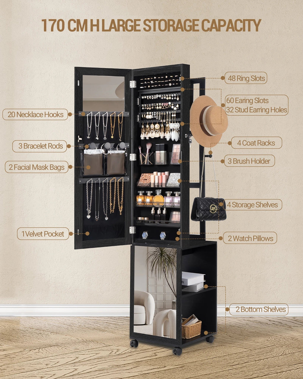 Jewellery Cabinet, Mirror Cabinet, Standing Jewellery Organiser with 1 Clothes Rack, 3-Tier Shelves with 4 Coat Hooks