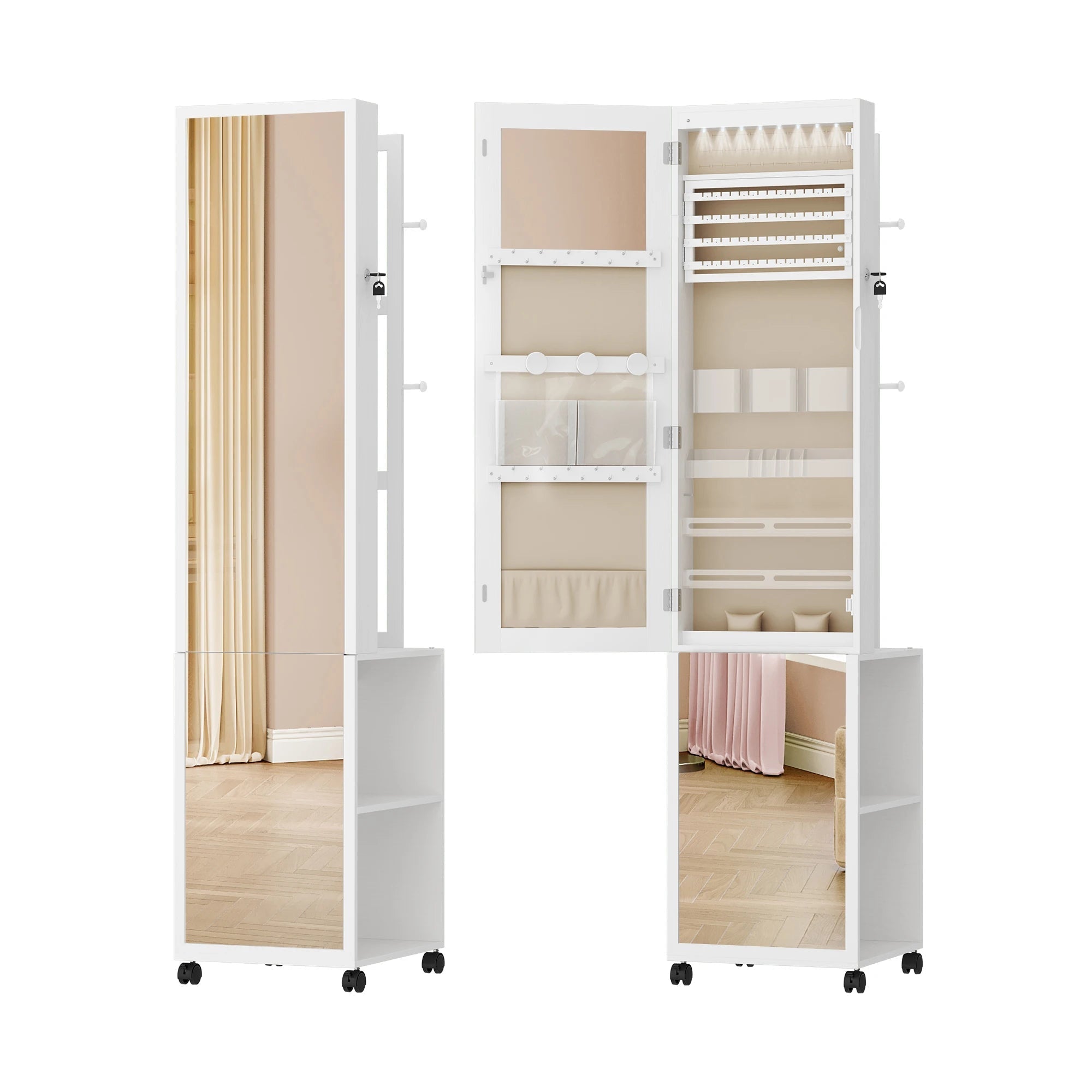 Jewellery Cabinet, Mirror Cabinet, Standing Jewellery Organiser with 1 Clothes Rack, 3-Tier Shelves with 4 Coat Hooks