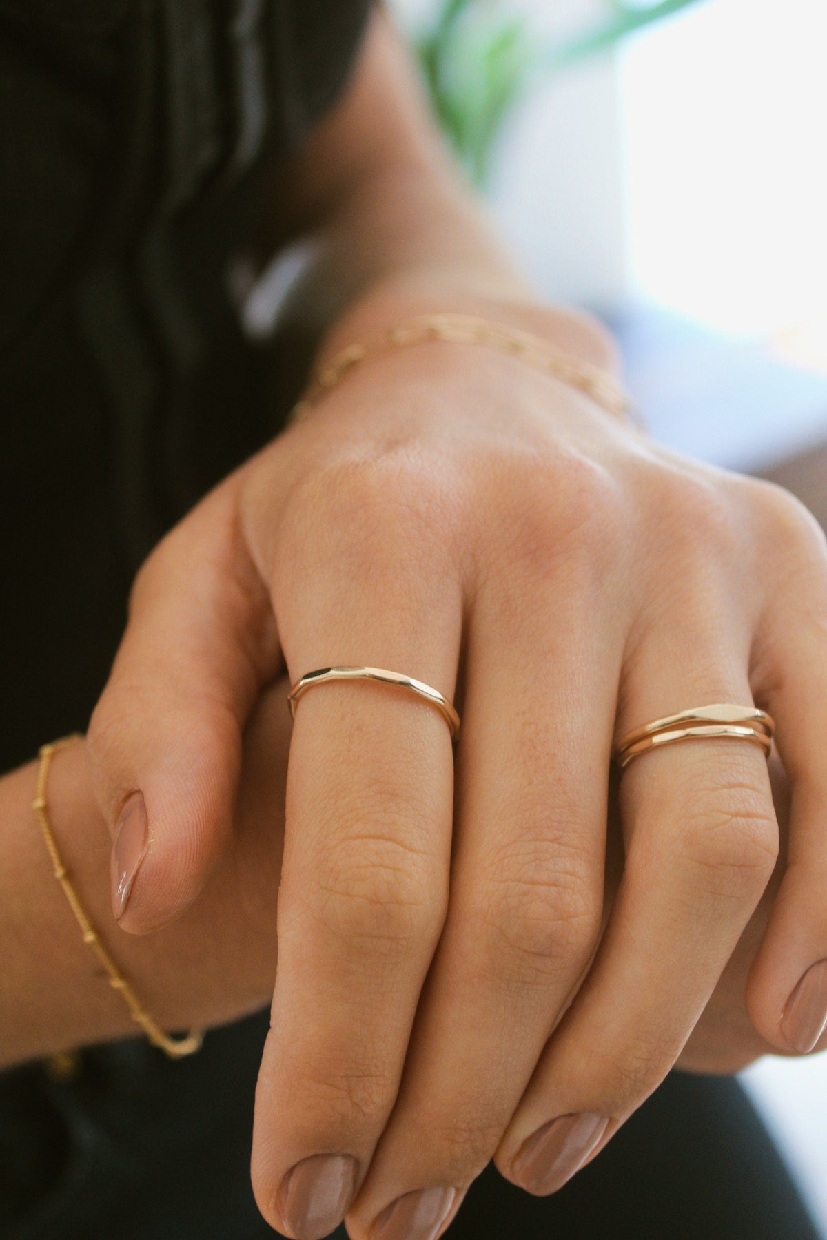 Gold Stacking Ring – Thin Dainty Hammered Band in 14K Gold