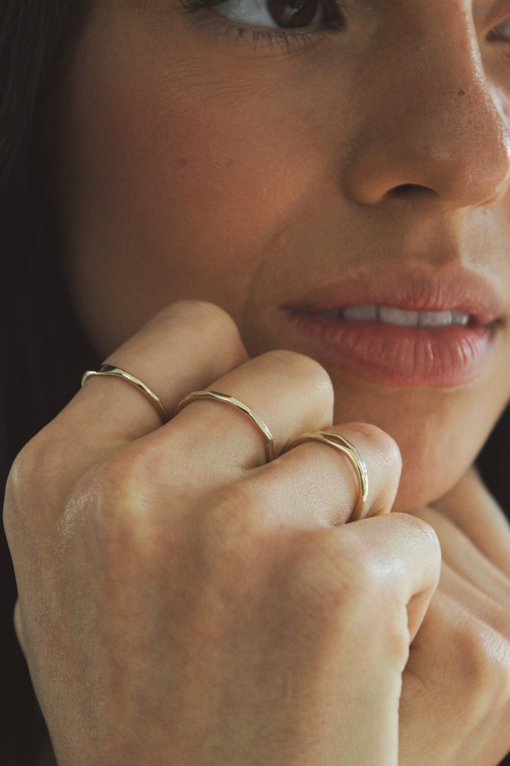 Gold Stacking Ring – Thin Dainty Hammered Band in 14K Gold