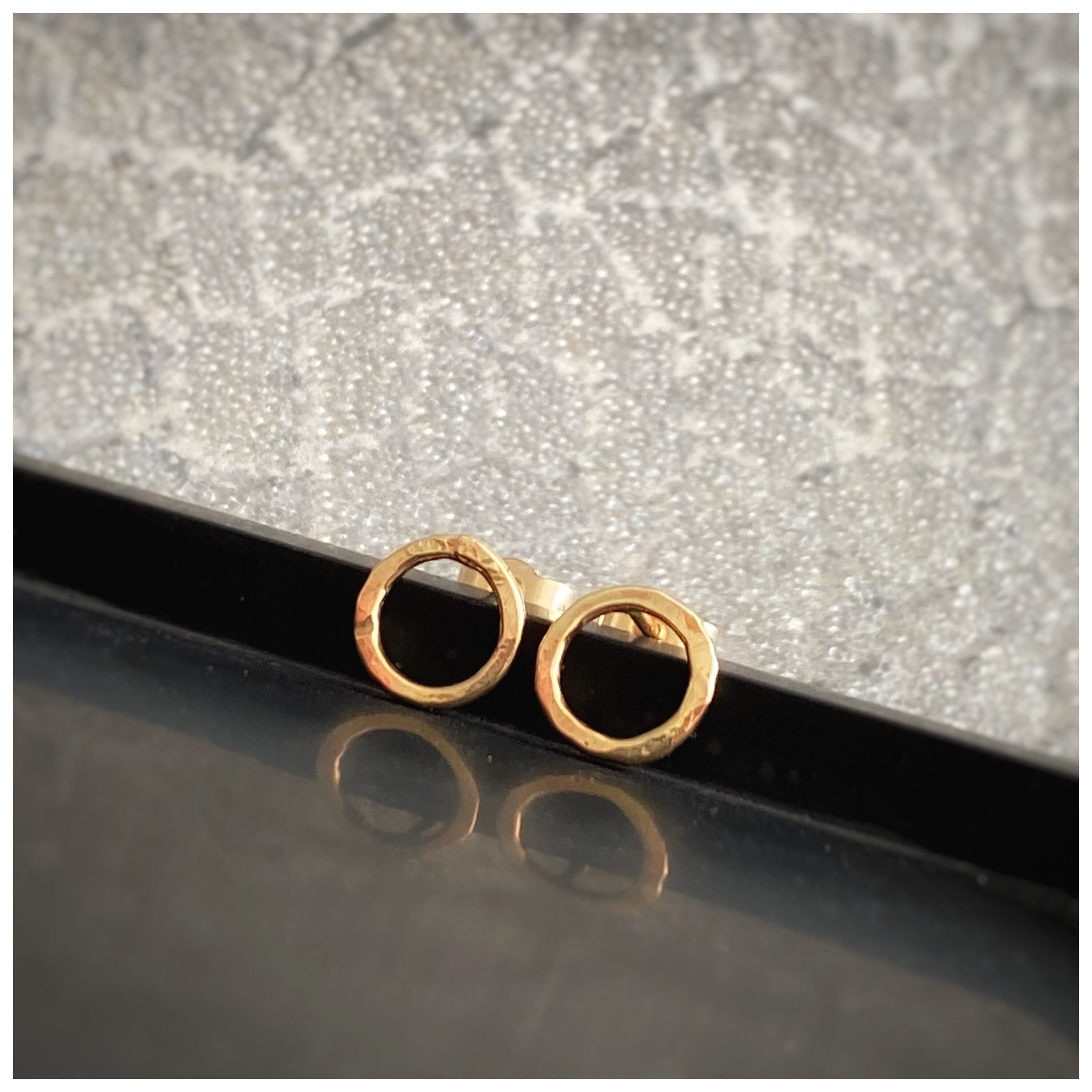 Tiny 9Ct Solid Recycled Yellow Gold Hammered Circle Stud Earrings: Geometric Handmade Jewellery