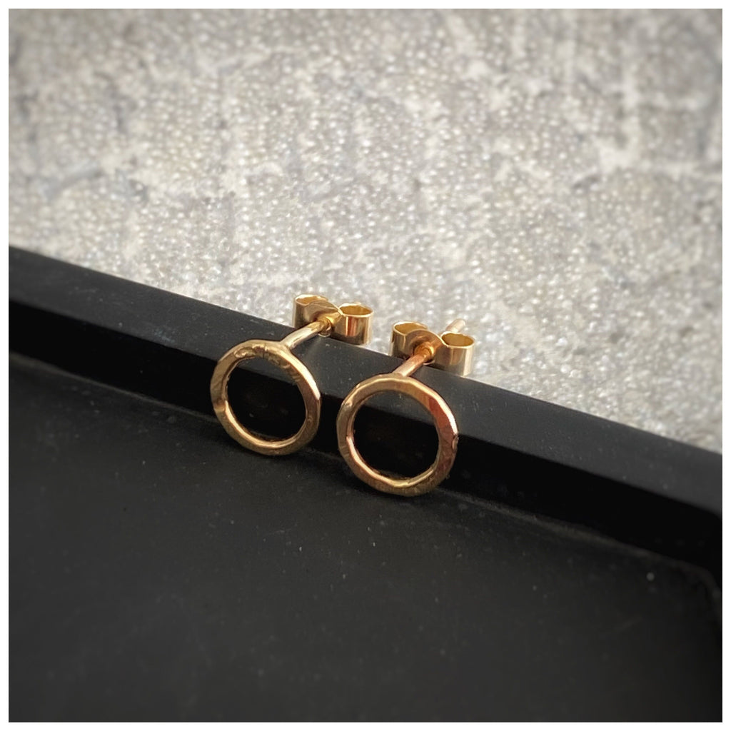 Tiny 9Ct Solid Recycled Yellow Gold Hammered Circle Stud Earrings: Geometric Handmade Jewellery