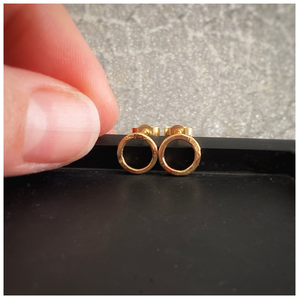 Tiny 9Ct Solid Recycled Yellow Gold Hammered Circle Stud Earrings: Geometric Handmade Jewellery