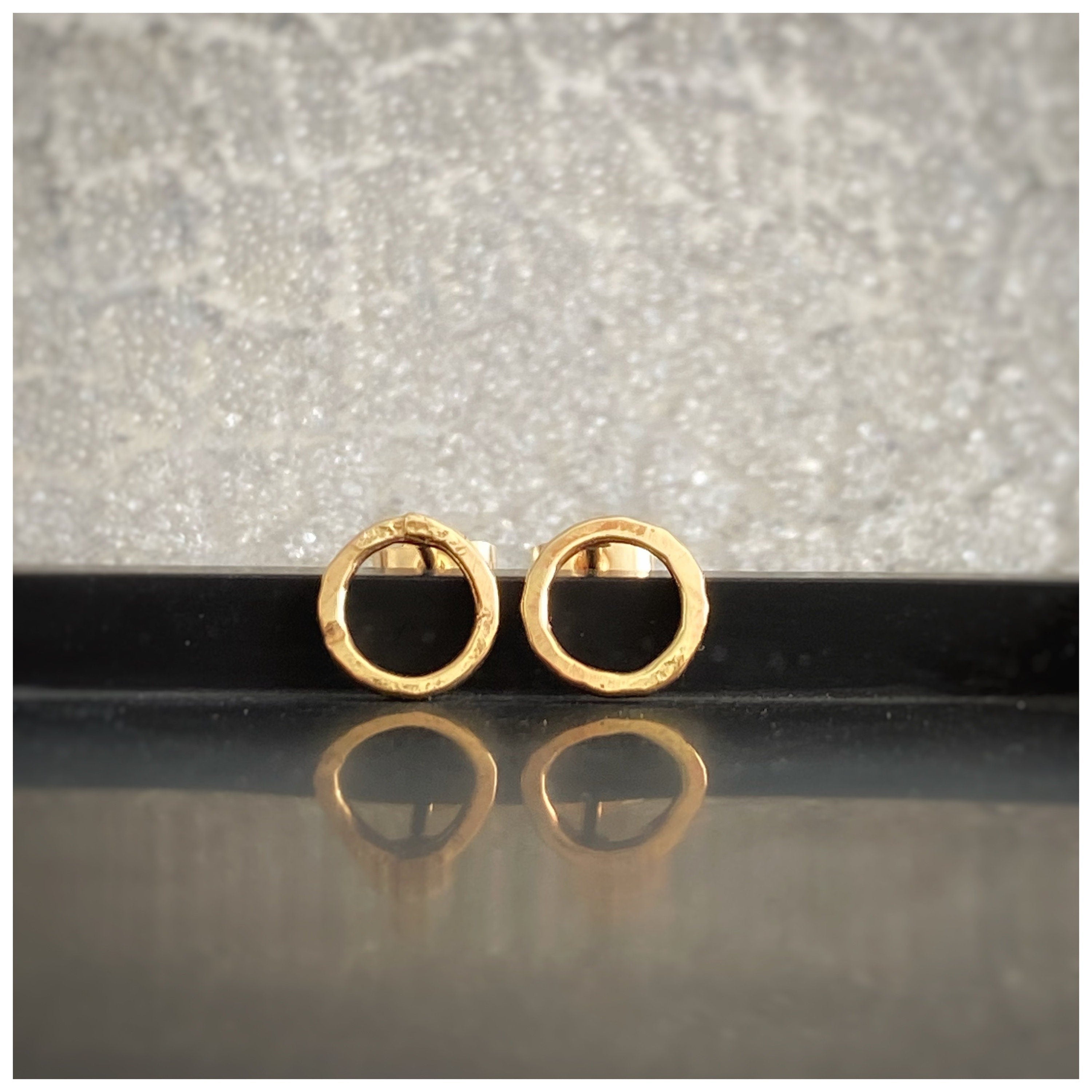 Tiny 9Ct Solid Recycled Yellow Gold Hammered Circle Stud Earrings: Geometric Handmade Jewellery