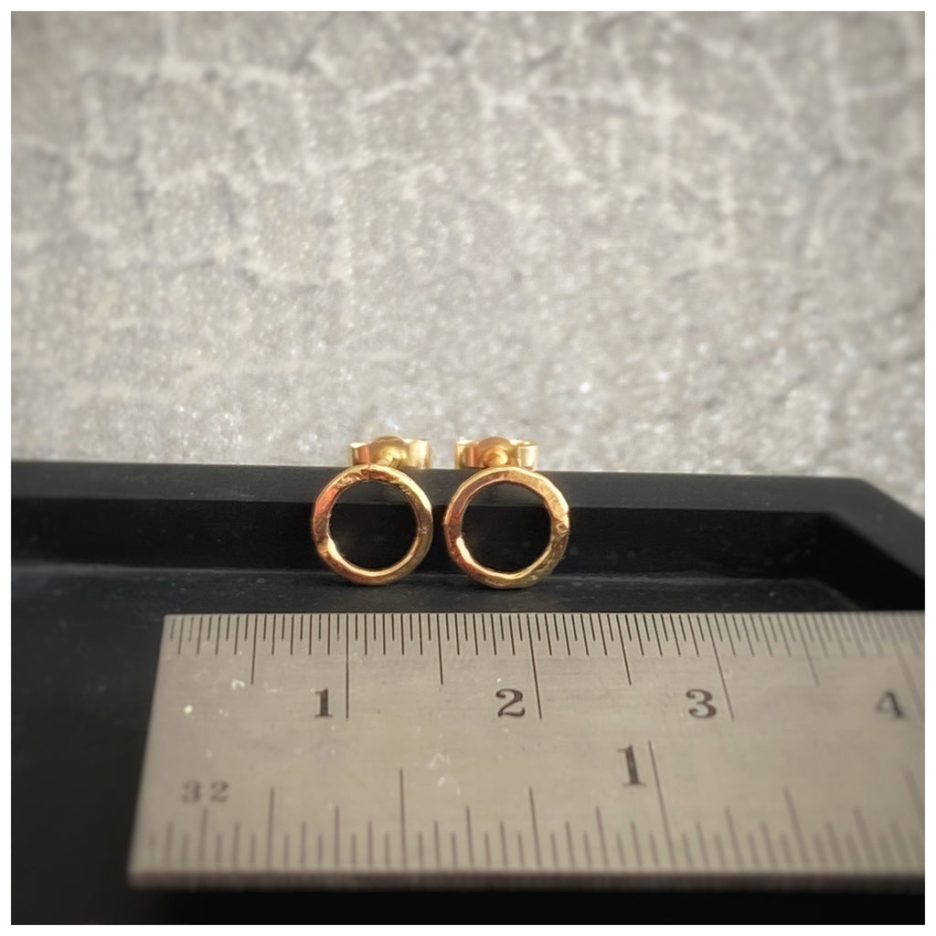 Tiny 9Ct Solid Recycled Yellow Gold Hammered Circle Stud Earrings: Geometric Handmade Jewellery