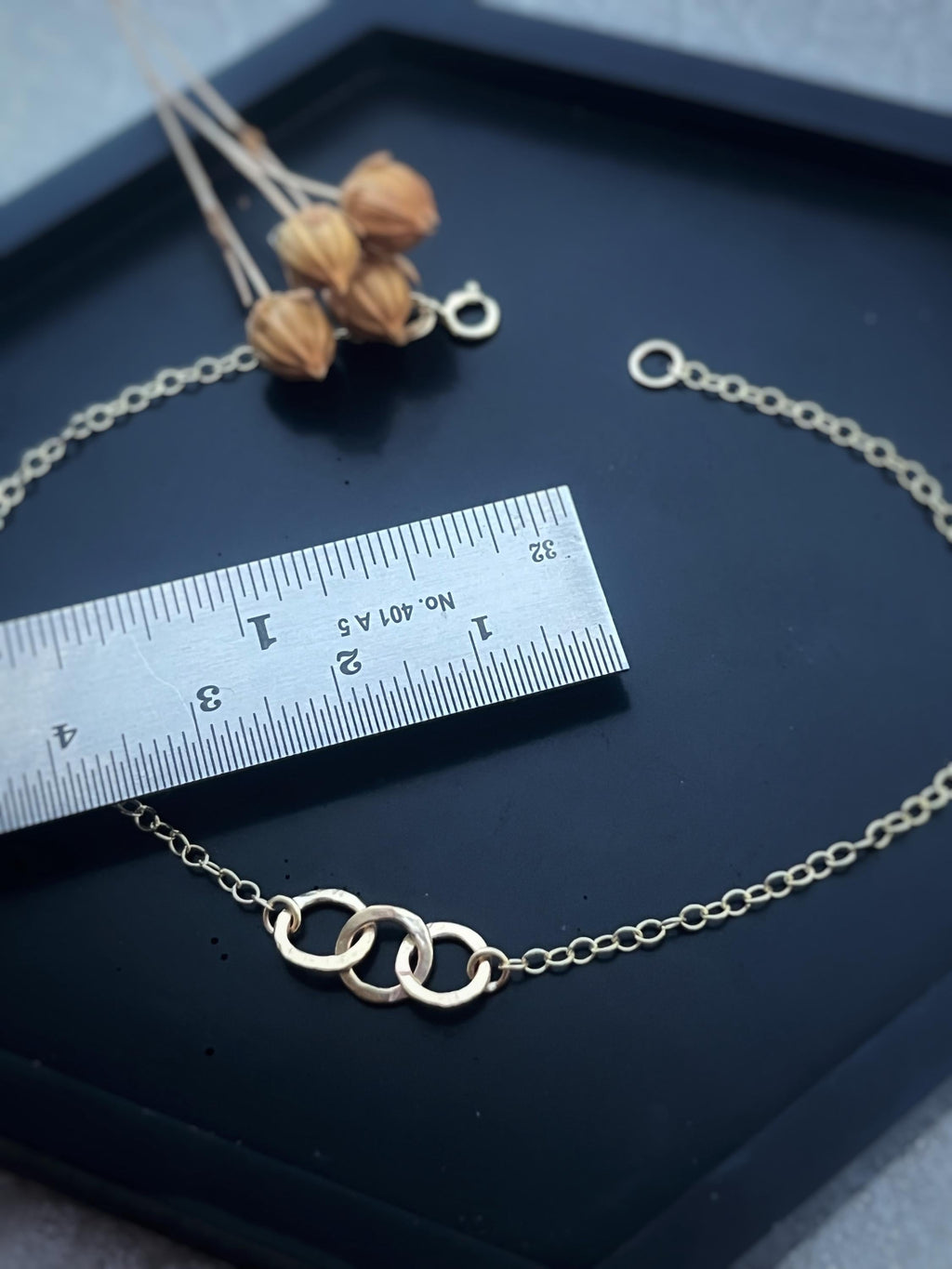 Hammered Solid Recycled Gold 3 Tiny Circle Hoop Bracelet: Delicate Interlocking Chain