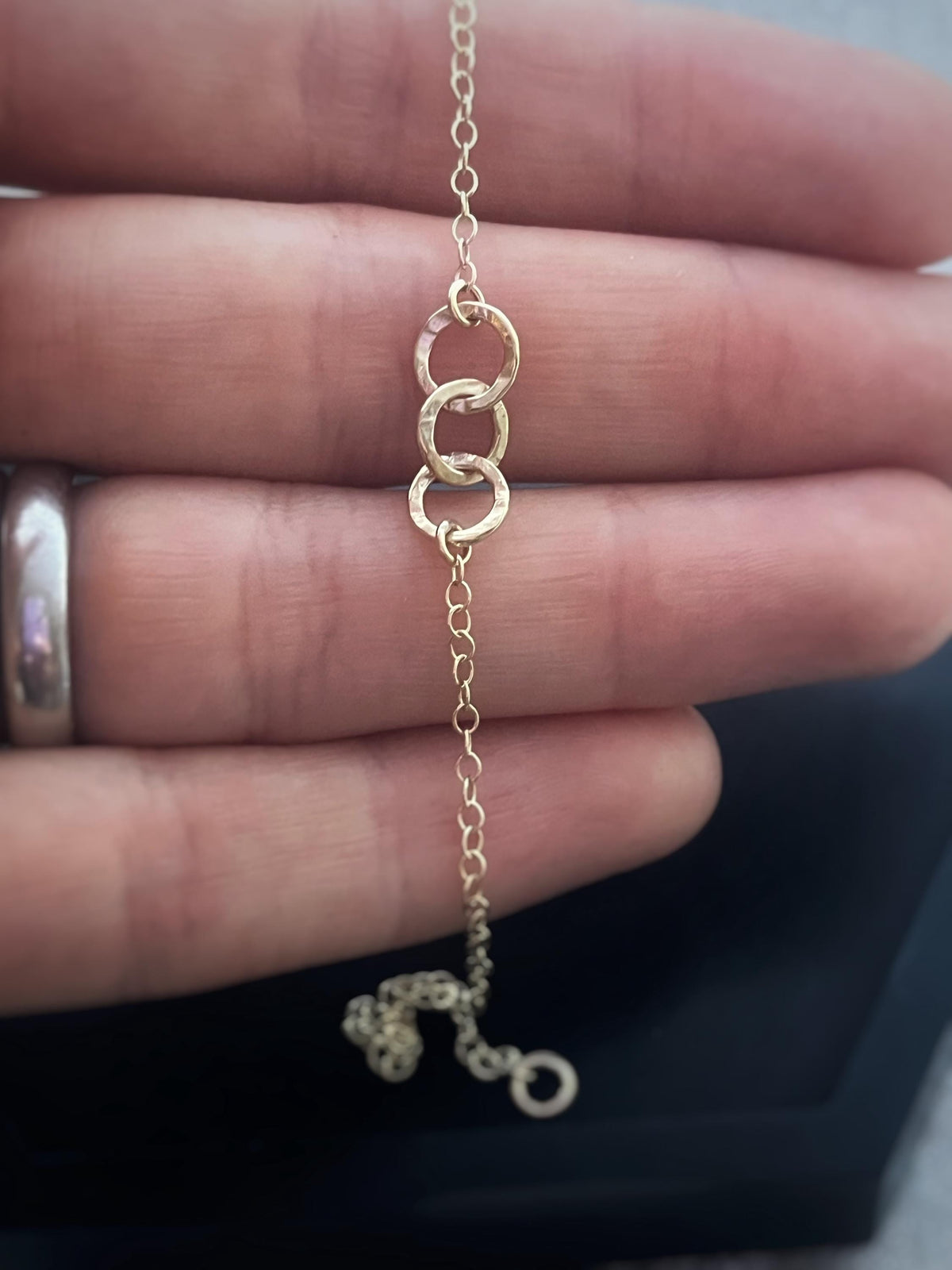 Hammered Solid Recycled Gold 3 Tiny Circle Hoop Bracelet: Delicate Interlocking Chain