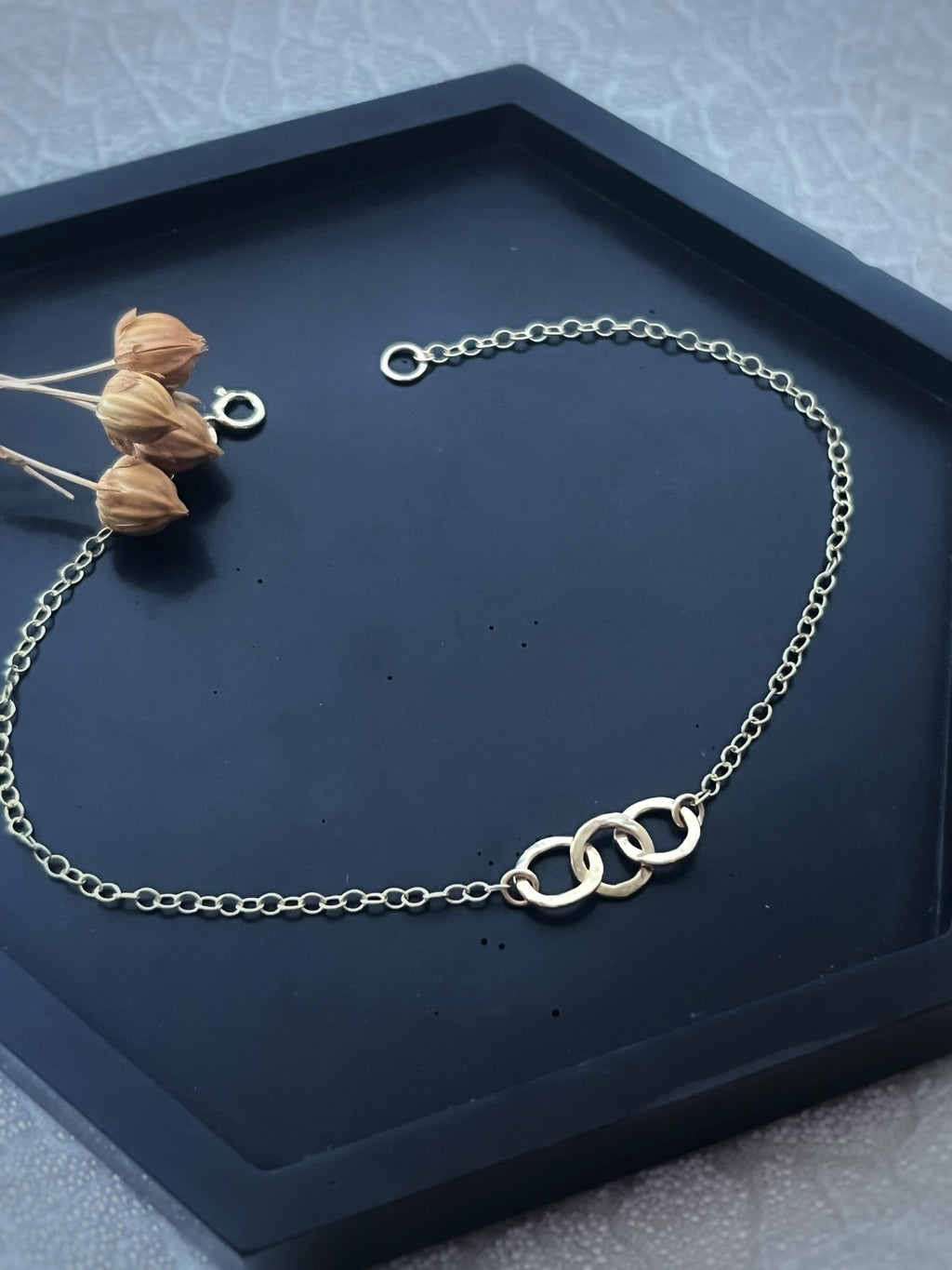 Hammered Solid Recycled Gold 3 Tiny Circle Hoop Bracelet: Delicate Interlocking Chain