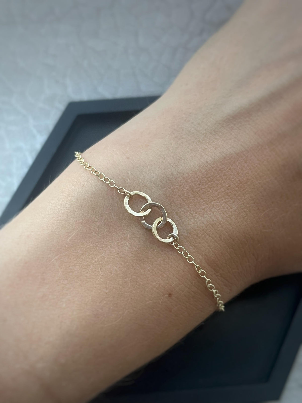 Hammered Solid Recycled Gold 3 Tiny Circle Hoop Bracelet: Delicate Interlocking Chain