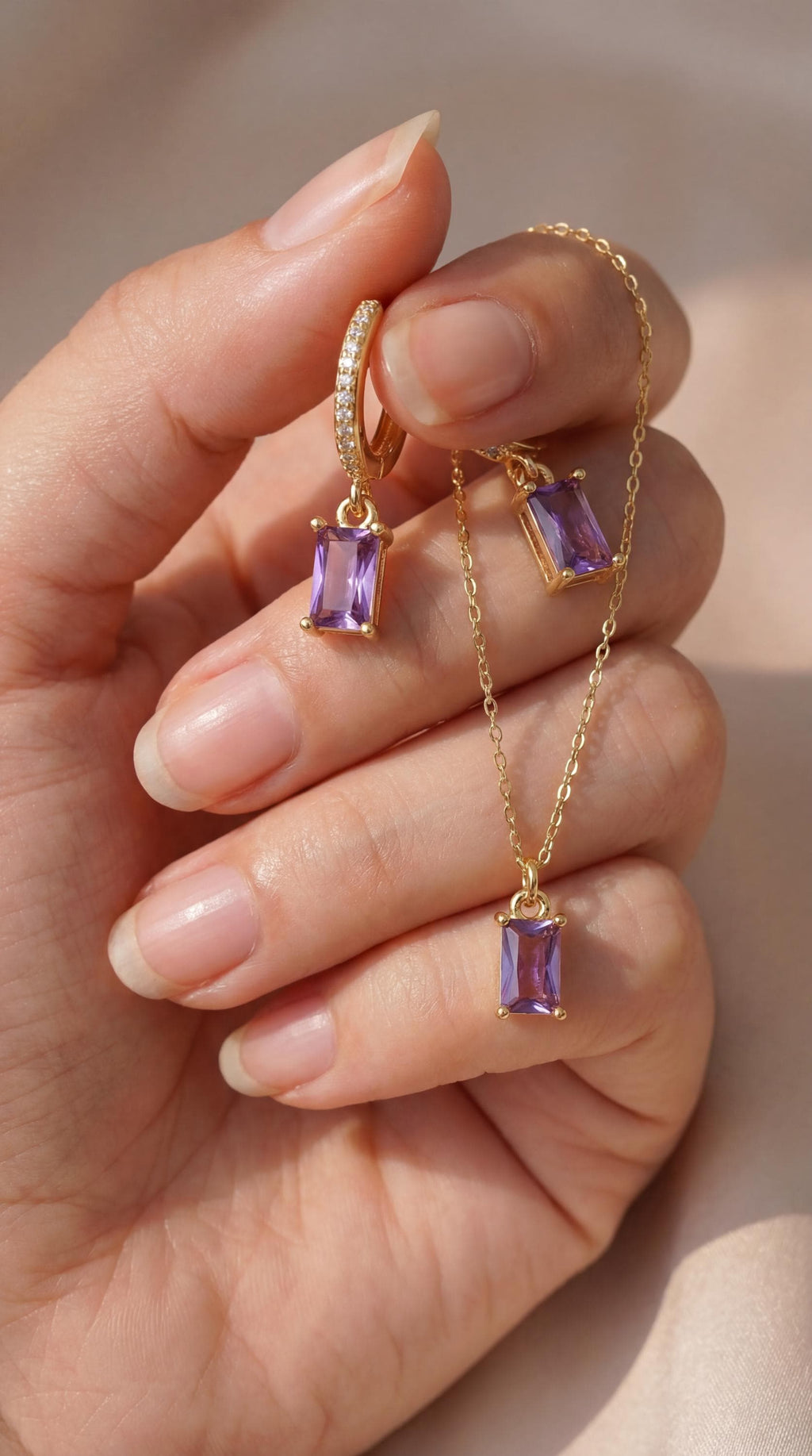 Amethyst Jewellery Set | Purple Baguette Necklace & Earrings | 18K Gold Plated Crystal Pendant | Minimalist Gold Jewellery | Matching Gift