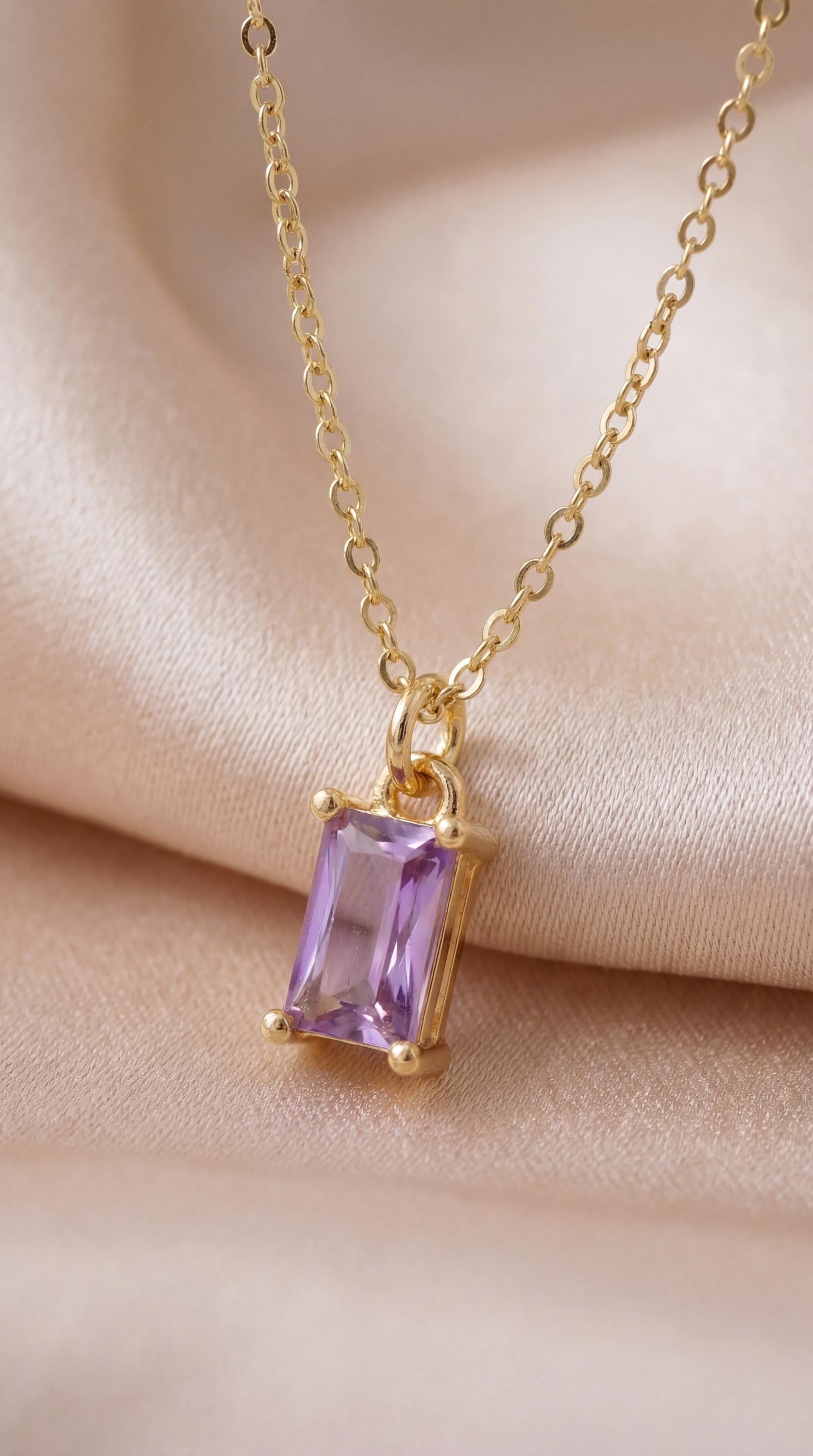 Amethyst Jewellery Set | Purple Baguette Necklace & Earrings | 18K Gold Plated Crystal Pendant | Minimalist Gold Jewellery | Matching Gift