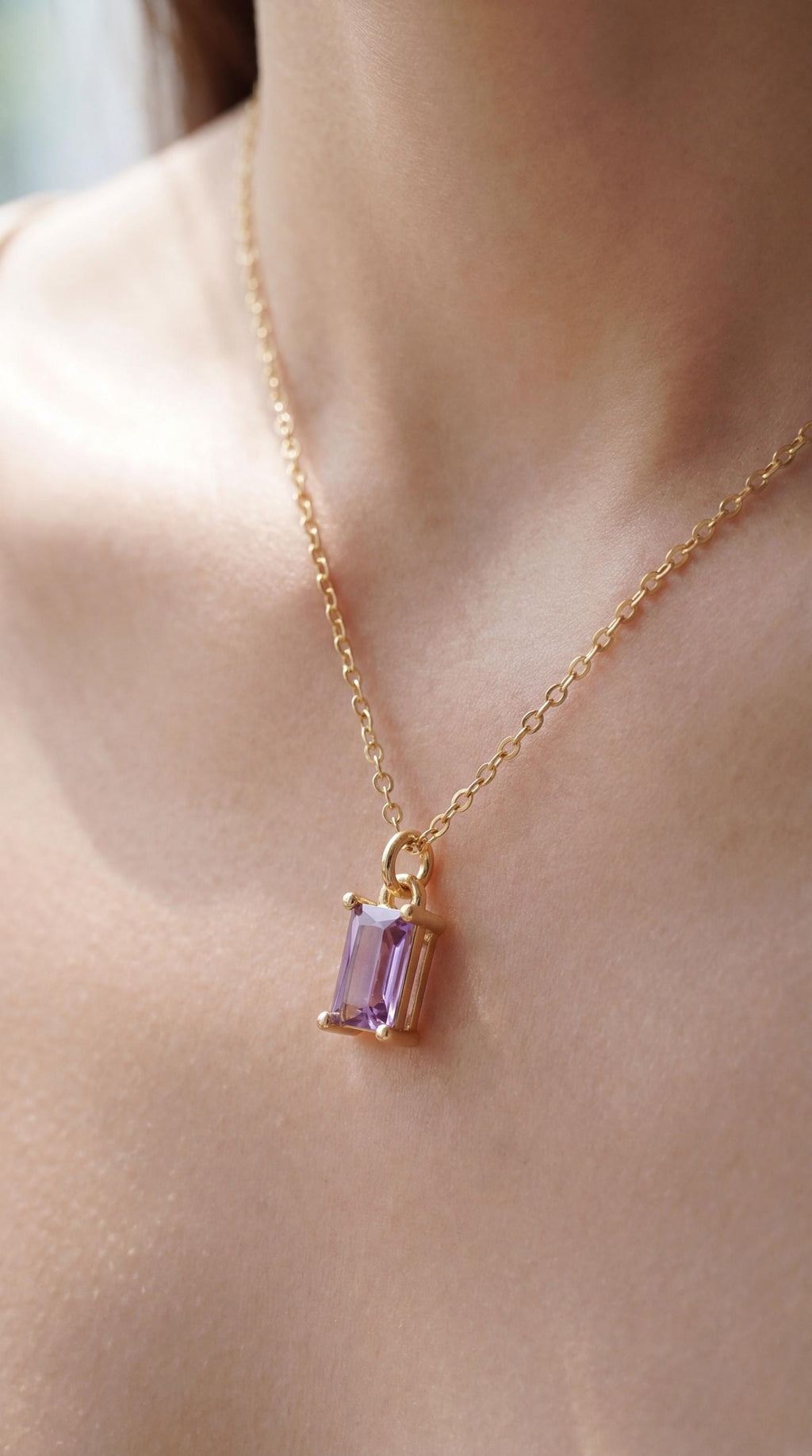 Amethyst Jewellery Set | Purple Baguette Necklace & Earrings | 18K Gold Plated Crystal Pendant | Minimalist Gold Jewellery | Matching Gift