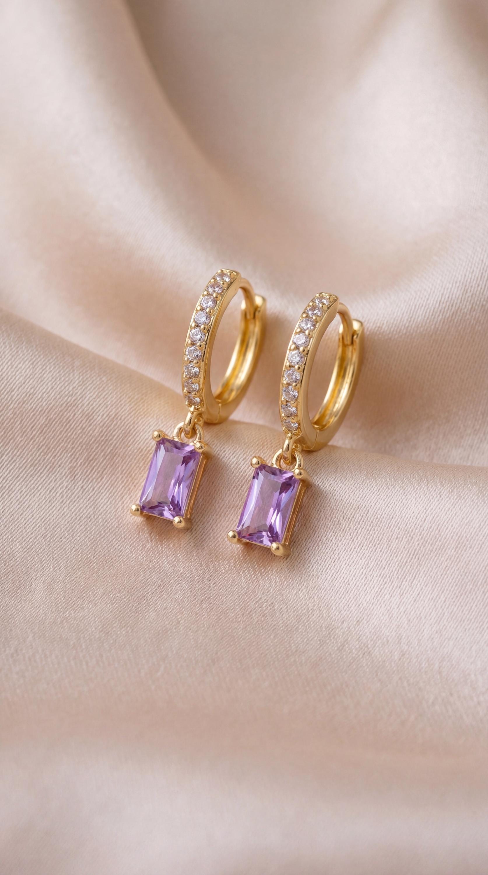 Amethyst Jewellery Set | Purple Baguette Necklace & Earrings | 18K Gold Plated Crystal Pendant | Minimalist Gold Jewellery | Matching Gift