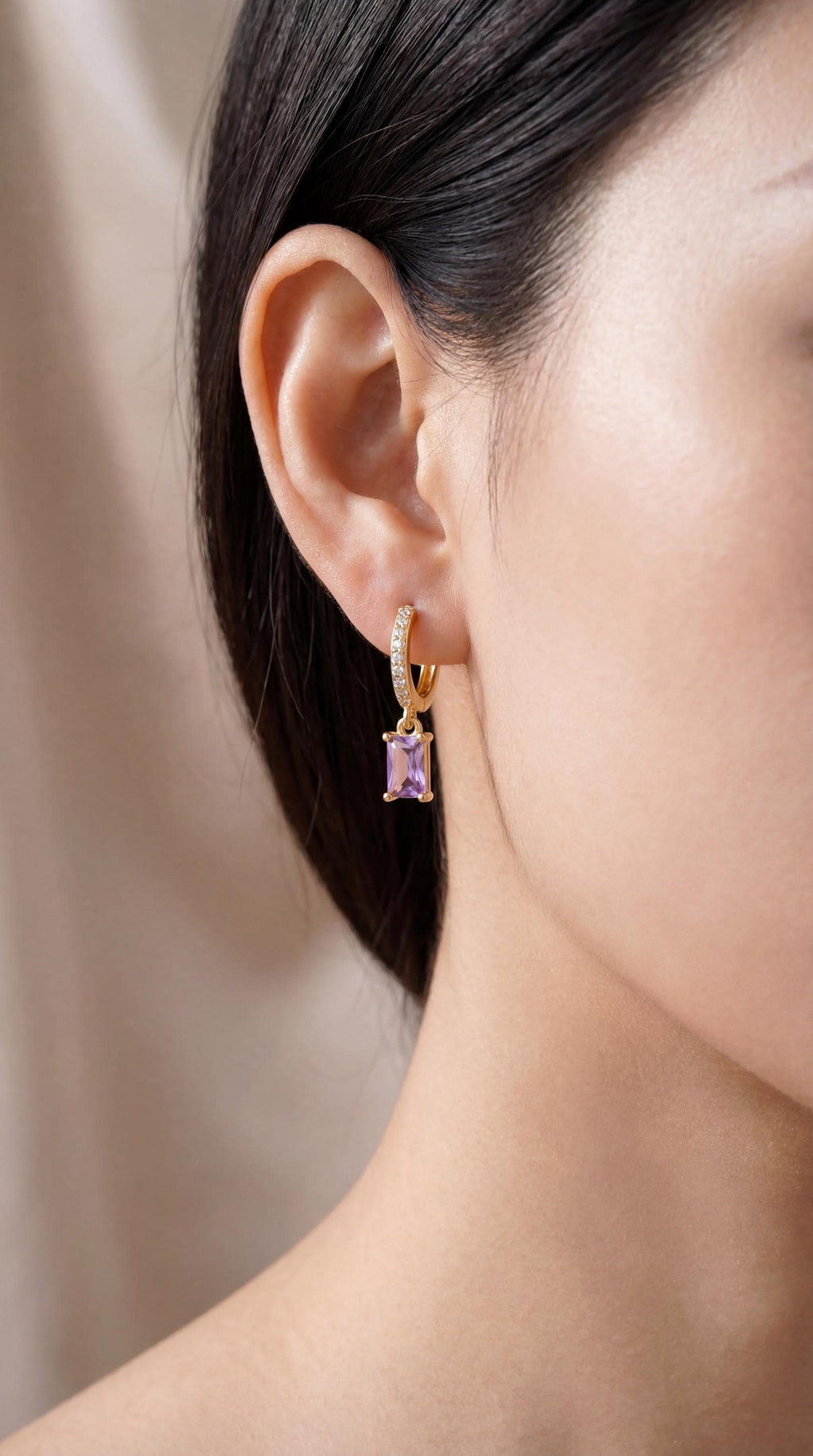 Amethyst Jewellery Set | Purple Baguette Necklace & Earrings | 18K Gold Plated Crystal Pendant | Minimalist Gold Jewellery | Matching Gift